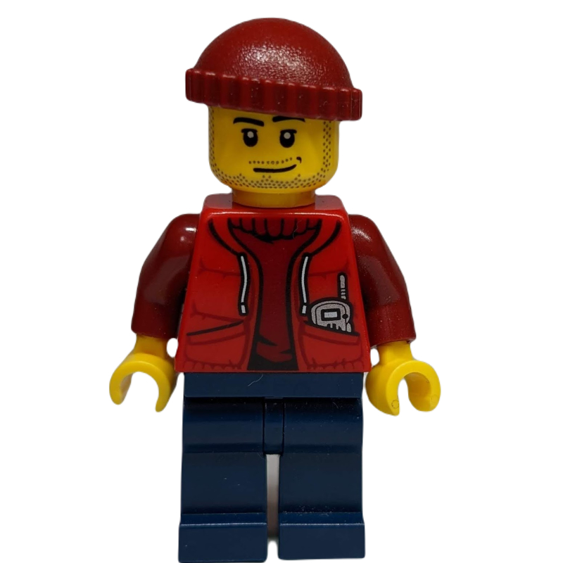 Lego Marine Explorer, Open Red Jacket over Dark Red Sweater, Dark Red Hat, Stubble