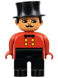 Duplo Figure, Male, Black Legs, Red Top, Top Hat, no White in Eyes Pattern (Circus Ringmaster)