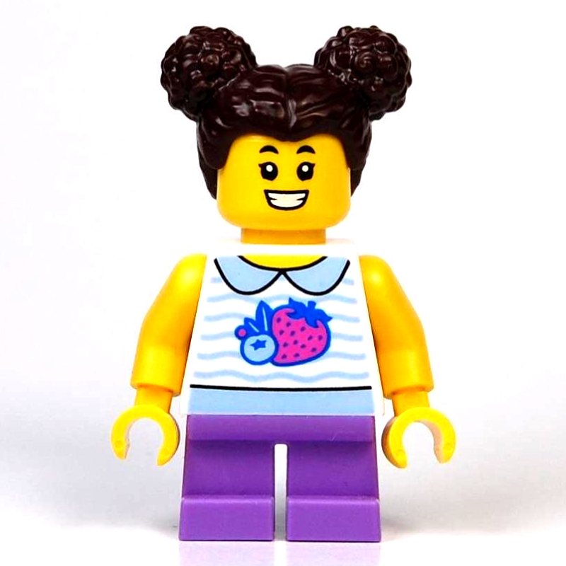 Lego Kid, White Torso, Medium Lavender Legs, Dark Brown Hair