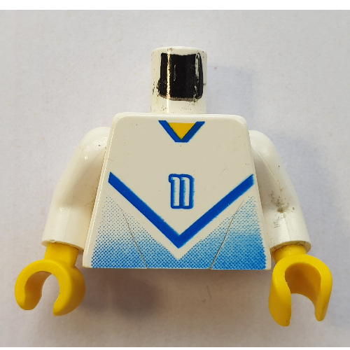 Lego Torso Soccer Shirt with Blue Chevron and '11' Front and Back Print, White Arms, Yellow Hands / White