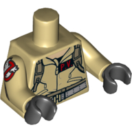 Lego Torso Jumpsuit with 'P.V.' ID Badge / 'PETER' Back Print, Tan Arms with Ghostbusters Logo, Black Hands / Tan
