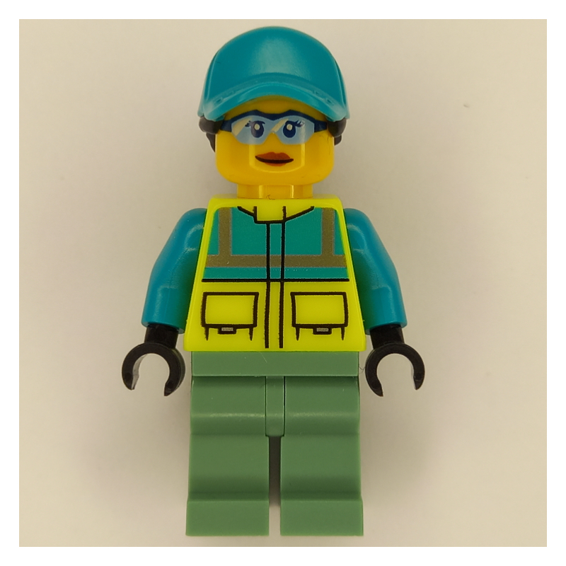 Lego Paramedic - Vibrant Yellow Torso, Sand Green Legs, Dark Turquoise Cap