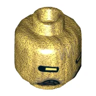 Minifig Head Quay Tolsite, Dark Tan Triangles on Forehead, White Rectangular Eyes Print [Hollow Stud] / Pearl Gold