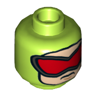 Lego Minifig Head Killer Moth, Dual Sided, Balaclava with Nougat Face, Red Goggles / Scared Print [Hollow Stud] / Lime