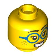 Lego Minifig Head, Dark Azure Glasses, Freckles, Nervous Grin / Straight Closed Mouth with Sweat Drop print / Yellow