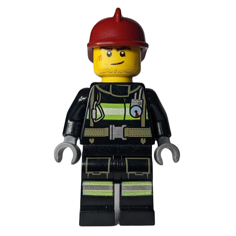 Lego Fireman, Black Fire Suit with Gauge and Straps, Dark Red Helmet, Stubble and Scar