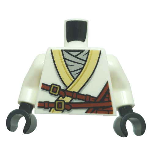 Lego Torso, Ninja Robe, Gold Trim, Light Bluish Grey Shirt, Reddish Brown Straps, Gold Lion on Back print, White Arms, Black Hands / White