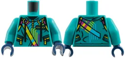 Torso Hoodie, Yellow Zippers, Lime, Magenta, and Medium Azure Stripes Pattern / Dark Turquoise Arms / Dark Blue Hands / Dark Turquoise