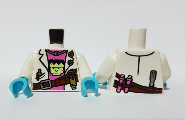 Lego Torso Female Lab Coat over Dark Pink Undershirt with Frankenstein Design and Reddish Brown Belt Pattern / White Arms / Medium Azure Hands