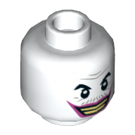 Lego Minifig Head Joker, Gray Wrinkles and Moustache, Dark Pink Lips, Wide Grin with Clenched Teeth / Lips Pursed Print / White
