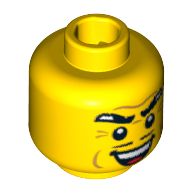 Lego Minifig Head Gangster, Thick Eyebrows, Thin Moustache, Cheek Dimples, and Sinister Open Smile Print / Yellow