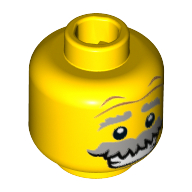 Lego Minifig Head Monster Scientist, Gray Eyebrows Raised and Bushy Moustache, Wrinkles, White Pupils and Open Smile Print [Hollow Stud] / Yellow