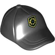 Hat / Cap Short Curved Bill with Seams on Peak and Button on Top with Yellow Badge and Minifig Head Print / Black