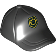 Lego Hat / Cap Short Curved Bill with Seams on Peak and Button on Top with Yellow Badge and Minifig Head Print