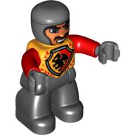 Lego Duplo Figure with Rounded Head with Black Legs, Black Dragon on Shield, Red Arms, Dark Bluish Gray Hands, Smile Print / Bright Light Orange