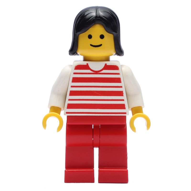 Lego Woman, Red and White Striped Shirt, Red Legs, Black Hair