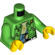 Lego Torso Jacket, Light Blue Bag, Yellowish Green Undershirt Print, Bright Green Arms, Yellow Hands / Bright Green