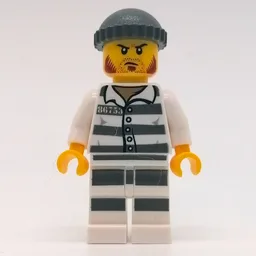 Criminal, Prison Shirt with #86753, Black Legs, Dark Bluish Gray Hat, Stubble and Mutton Chops