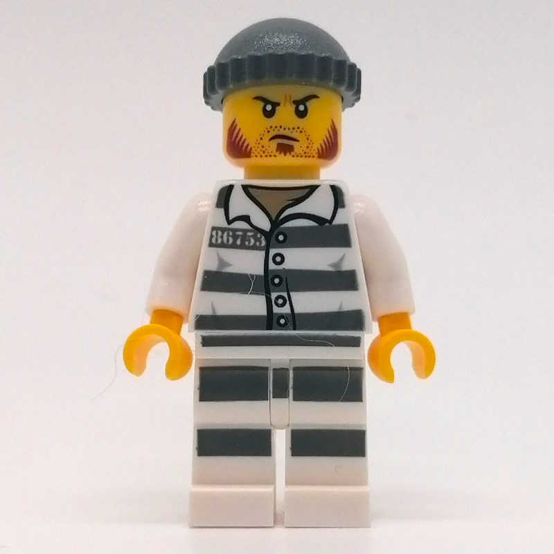 Lego Criminal, Prison Shirt with #86753, Black Legs, Dark Bluish Gray Hat, Stubble and Mutton Chops