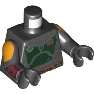 Lego Torso Armor, Dark Green Chest Plate, Reddish Brown Utility Belt Print, Black Arms and Hands with Bright Light Orange and Dark Red Print / Black