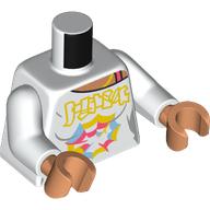 Lego Torso, Shirt, Coral Strap, Yellow/Coral/Bright Light Blue Decorations print, White Arms, Nougat Hands / White