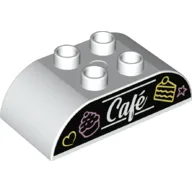 Duplo Brick 2 x 4 Curved Top with Cakes and 'Cafe' Print / White