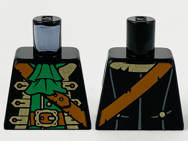 Lego Torso Pirate Captain Jacket Open with Gold Trim over Green Shirt with Wide Neck Ruffle, Dark Orange Strap, Belt with Buckle Pattern