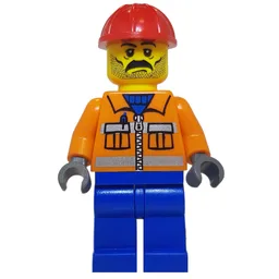 Construction Worker, Orange Jacket with Zipper and Reflective Stripes, Blue Legs, Red Hard Hat, Moustache and Stubble