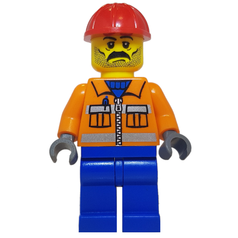 Lego Construction Worker, Orange Jacket with Zipper and Reflective Stripes, Blue Legs, Red Hard Hat, Moustache and Stubble