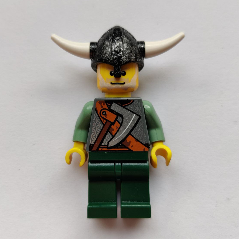Lego Viking Warrior - Armour, Battle Axe on Torso, Sand Green Arms, Dark Green Legs, Light Gray Hair