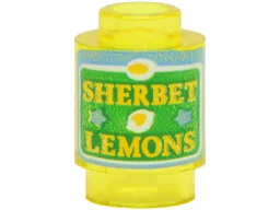 Brick, Round 1 x 1 with Green and Medium Blue Label with Yellow 'SHERBET LEMONS' Pattern