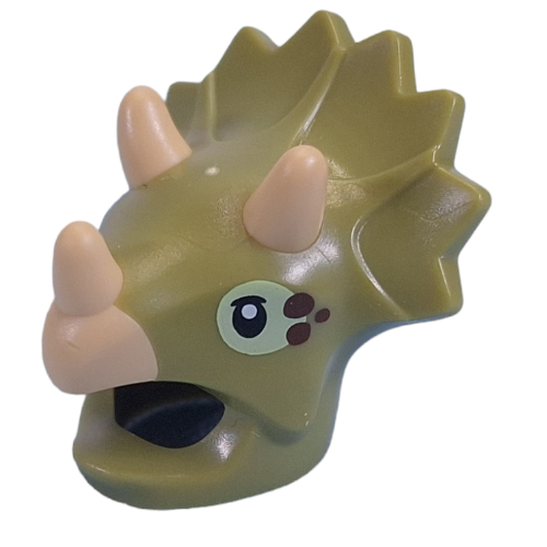 Lego Costume / Mask Triceratops with Tan Horns, Yellowish Green/Dark Brown Eyes print / Olive Green