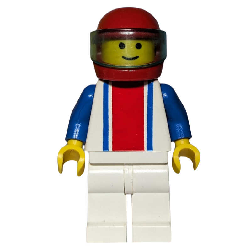 Lego Man, White Torso with Red and Blue Stripes, White Legs, Red Helmet with Visor