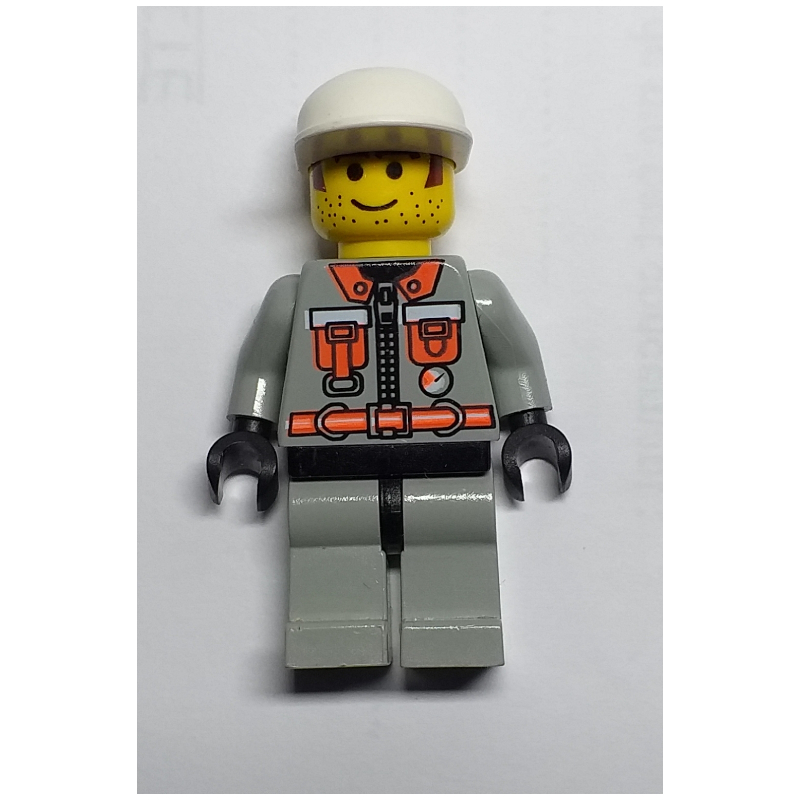 Lego Fireman, Light Gray Fire Suit with Zipper, Gauge, and Pouches, White Cap, Printed Hair and Stubble