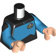 Lego Torso, Silver Starfleet Insignia, Dark Azure Panel (Starfleet Uniform) print, Dark Azure Arms, Light Nougat Hands / Black