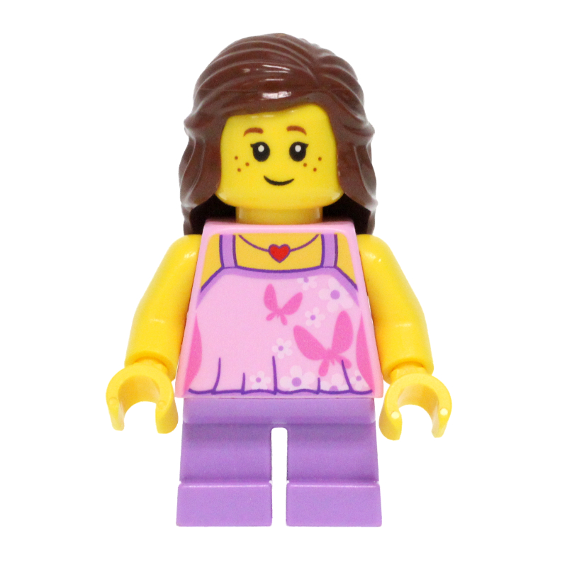Lego Kid - Bright Pink Torso, Medium Lavender Legs, Reddish Brown Hair