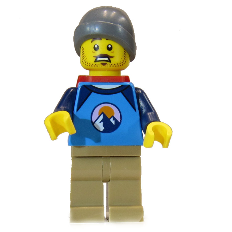 Lego Man, Dark Azure Shirt, Dark Tan Legs, Dark Bluish Gray Hat, Red Backpack