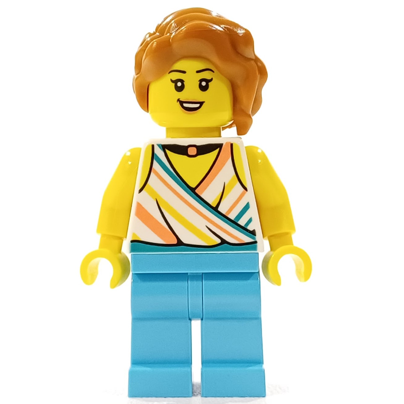 Lego Woman, White Top, Medium Azure Legs, Dark Orange Hair