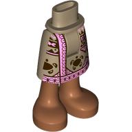 Lego Minidoll Hips and Mid-Length Skirt with Dark Brown Decorations, Bright Pink Trim, Sienna Brown Bare Feet print / Dark Tan