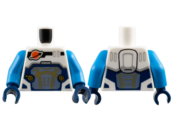 Lego Torso Reddish Orange and Black Classic Space Logo, Sand Blue Panel with Gold Lines, Dark Blue Trim Pattern / Dark Azure Arms / Dark Blue Hands
