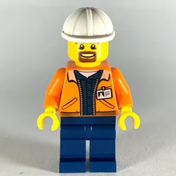 Miner, Open Orange Jacket with ID Badge, White Hard Hat, Goatee Beard