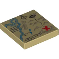 Tile 2 x 2 with Map River, Dark Tan Mountains, Handwriting and Red X Print / Tan