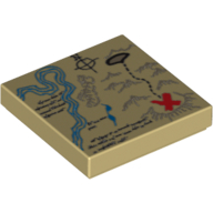 Lego Tile 2 x 2 with Map River, Dark Tan Mountains, Handwriting and Red X Print / Tan