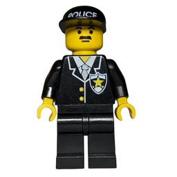 Policeman, Black Suit with Tie and Badge, Black Cap with 'POLICE', Moustache