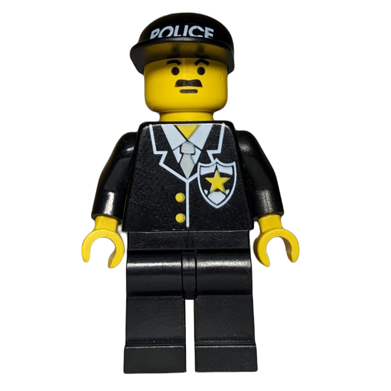 Lego Policeman, Black Suit with Tie and Badge, Black Cap with 'POLICE', Moustache