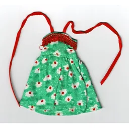 Scala, Dress with White Flowers and Red Trim and Neck Ribbon / Medium Green