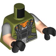 Lego Torso, Dual Molded Arms with Jacket, Light Bluish grey Shirt, Black Straps/Harness, Orange Handkerchief print, Light Bluish Gray Sleeves Pattern, Light Nougat Arms, Black Hands / Olive Green