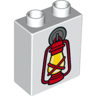 Lego Duplo Brick 1 x 2 x 2 with Bottom Tube with Red Lantern with Flame Print / White