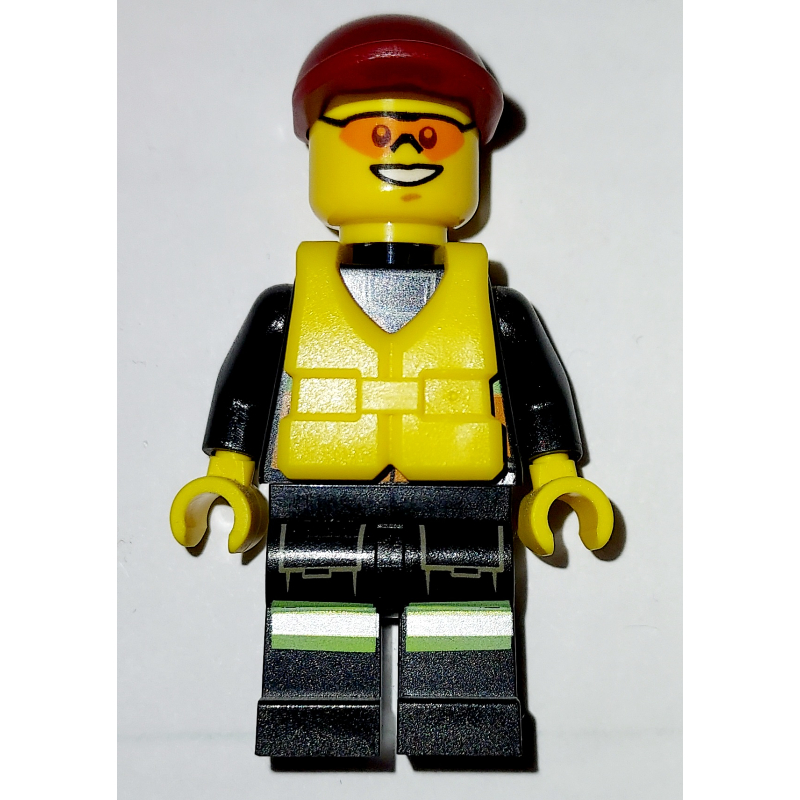 Lego Fireman, Orange Safety Vest with Radio, Dark Red Cap, Yellow Life Vest, Orange Sunglasses