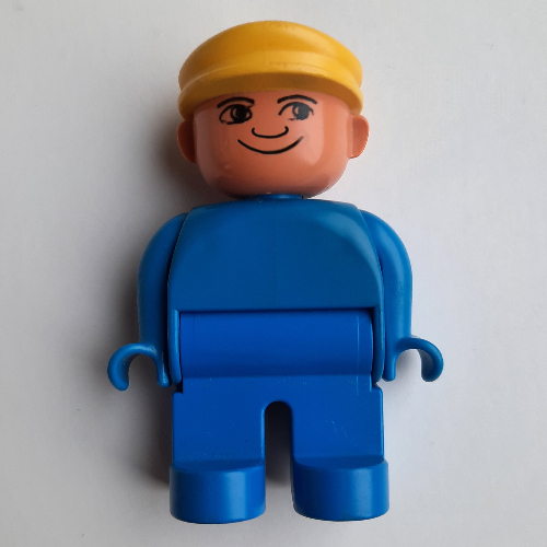 Lego Duplo Figure, Early, with Flat Cap Yellow, Blue Legs, Plain Top / Blue